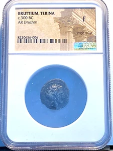 #A9722,NGC F Ancient Coin Bruttium Terina Silver Nike,Seldom Seen 350BC - Picture 1 of 4