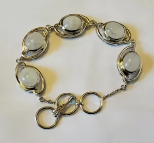 10X12 mm Oval Rainbow Moonstone Rhodium Over Sterling Silver Bracelet Adjustable - Picture 1 of 4