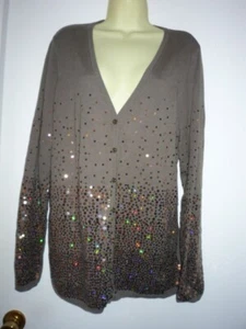 DG2-DIANE GILMAN BUTTON UP CARDIGAN TOP- SZ XL-SEQUINS-DEEP V NECK- COTTON BLEND - Picture 1 of 7