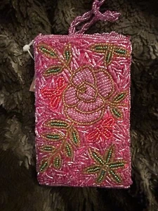 Vintage & Unique: NWT Micro Beaded Red & Pink Rose Satin Crossbody Evening Bag - Picture 1 of 7