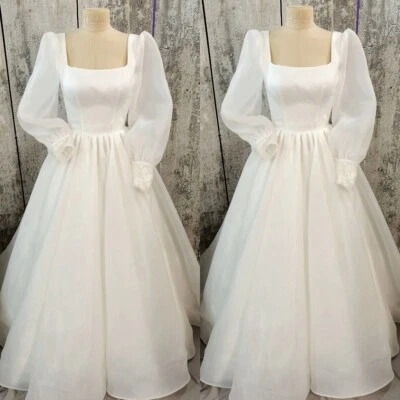 Lange Ärmel Brautkleider  A Line Square Neck Weiß Elfenbein 2025 Brautschleifen - Bild 1 von 4