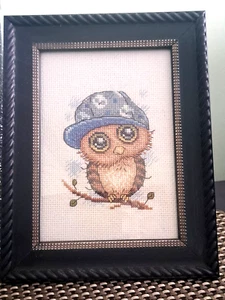 Finished Framed Cross Stitch Picture Lovely Funny Owl Romantic Gift - Picture 1 of 4