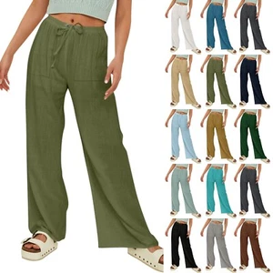 Women's Summer Drawstring Waist Wide Leg Loose Cotton Linen Palazzo Pants - Picture 1 of 52