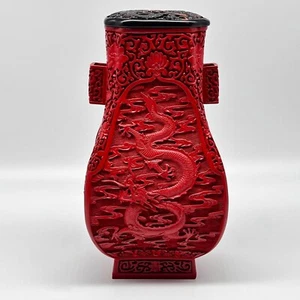 Vintage Carved Red Cinnabar Blue Azure Dragon Motif 12" Vase Lamp Conversion - Picture 1 of 15