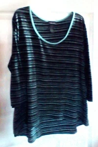 Blusa Kristin Nicole Manga 3/4 Rayas Negro Verde azulado Frente Corto Talla Grande 2X - Imagen 1 de 3