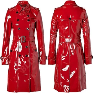 Women Trench Vinyl Shiny Gothic Coat PVC Emo Top quality Faux Leather Red Coats - Picture 1 of 5