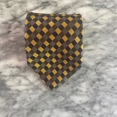 Bachrach 100% Silk Gold Black Gray Checked Print Long Necktie~4" x 62"  J161 - Image 1 of 4