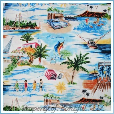 BonEful Fabric FQ Cotton Beach Fish Shark Surf Boy Girl Pin Up Scenic Sail*Boat - Image 1 of 4