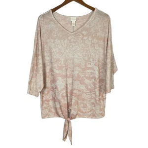 Chico’s Tierra Sz 2 Large Pink Metallic Tie Front 3/4 Sleeve Top Knit Sweater - Picture 1 of 9