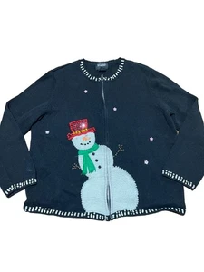 Design Originals Joy Sequin Beaded Snowman Full Zip Black Sweater Cardigan XL - Picture 1 of 11