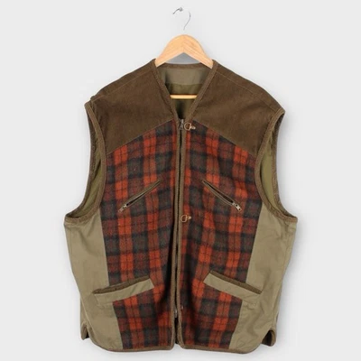 Vintage Wool Plaid Hunting Vest Canvas Corduroy Shooting Workwear Style XL - Image 1 of 4