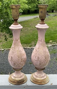 Pair of Antique Art Deco Regency 1930 Table Lamps Paul Hanson Pink Chrysanthemum - Picture 1 of 15