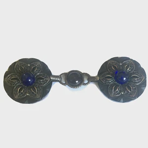 1890s Large Celluloid Buttons Black Coat Clasp Closure Filigree Blue Glass Antiq - Picture 1 of 9