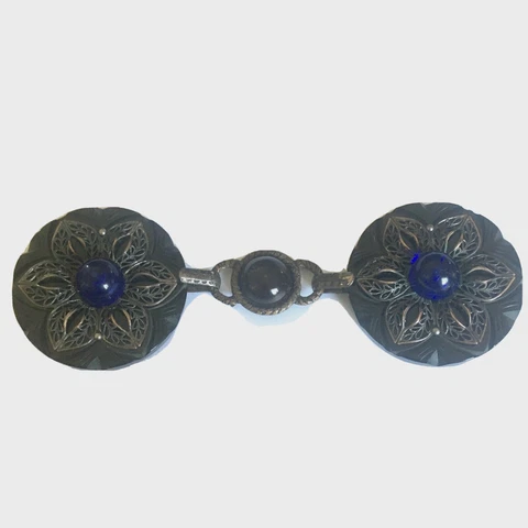 1890s Large Celluloid Buttons Black Coat Clasp Closure Filigree Blue Glass Antiq Cover