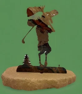 Laser Cut Moose Golfing On Sandstone Base Hole In One Par Birdie Golf Swing Putt - Picture 1 of 15