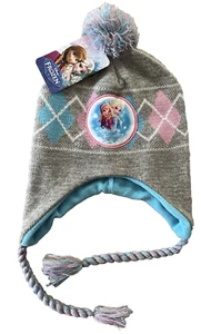 Winter Disney Frozen Anna & Elsa Knit Hat w/Braids Gray, Pink, Blue Pom Pom New - Picture 1 of 2