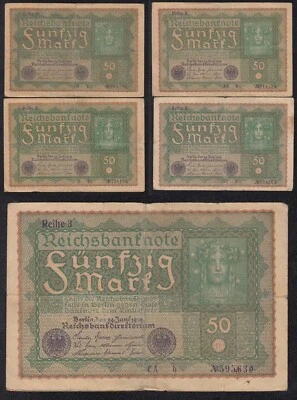 GERMANY BANKNOTE - 5 X 50 MARK REIHE 3 *REICHSBANKNOTE* - P66 - 1919 - VF 🇩🇪 - Image 1 of 4