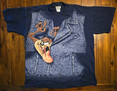 Camiseta De Colección Años 90 Taz Looney Tunes XL Denim Chaleco AOP Doble Cara Puntada Única Foto 1 de 4