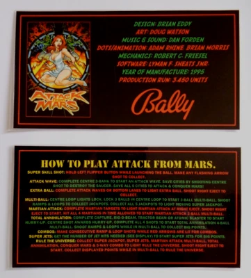 * * Tarjetas de instrucción/delantal personalizadas de Bally 1995 'ATTACK FROM MARS' * (Nuevo) - Imagen 1 de 3