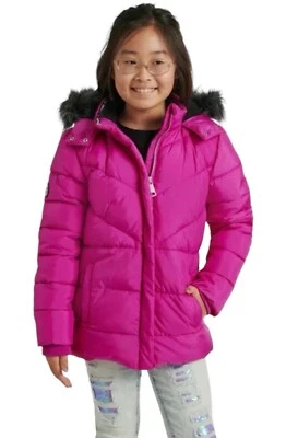 Justice Girls Puffer Jacket Magenta Pink Size 7/8 Hood Sherpa Lined Pockets - Image 1 of 4