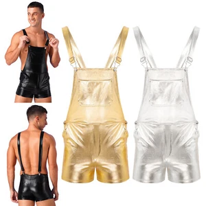 UK Men's Metallic Leather Bib Overall Shorts Casual Jumpsuit Walkshort Romper - Picture 1 of 28