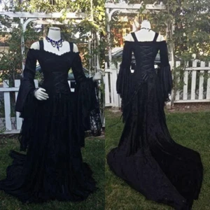 Vintage Black Gothic Wedding Dresses A Line Long Sleeves Medieval Bridal Gowns - Picture 1 of 15