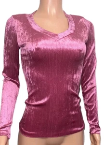 Y2K Barbie Pink Velvet V-neck L/s Plush T-shirt Top Blouse Glam Party Barbiecore - Picture 1 of 3