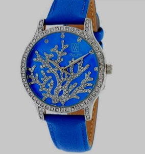 New Victoria Wieck Swarovski Crystal tree Watch Blue Leather Band booklet NOS - Picture 1 of 7