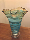 🩵 Stunning Vintage ￼art Glass Aqua Ribbon Look Fluted Large Vase 🩵