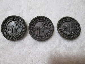 Antique French White Metal Picture Button Cottage Palm Trees Matching Set Of 3 - Picture 1 of 6