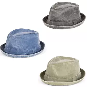 Mens Denim Cotton Diamond Crown Pork Pie Trilby Hat. fast UK post - Picture 1 of 14