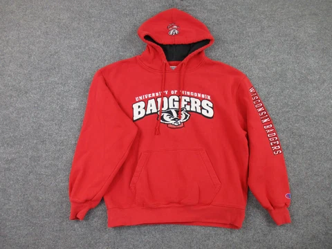 Vintage Champion Wisconsion Badgers Hoodie Adult L Red Pullover 90s Mens *Read Cover