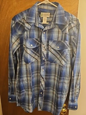 Haband-Mens Long Sleeve Western Cowboy Pearl Snap Shirt, Small, Blue Plaid - Image 1 of 4