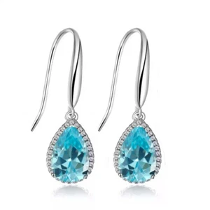 Paris Jewelry 14k White Gold 2 Ct Created Aquamarine Teardrop CZ Earrings Plated - Picture 1 of 1