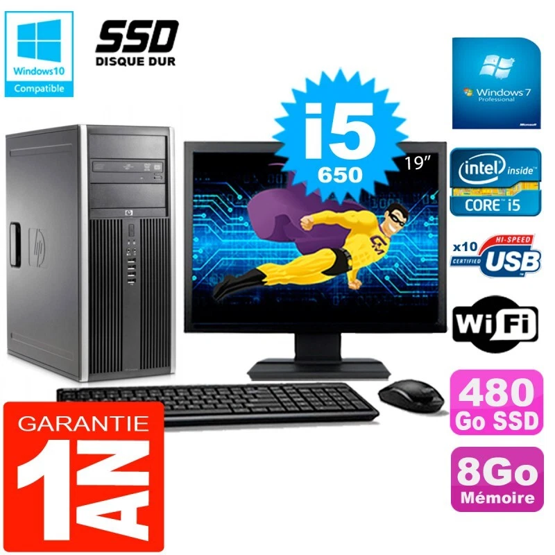 PC HP 8100 Tour Pantalla 19" Core I5-650 RAM 8Go SSD 480Go Grabador DVD Wifi W7 - Imagen 1 de 1