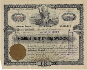 NEVADA 1909 Goldfield Daisy Mining Syndicate Stock Certificate Esmeralda Arizona - Picture 1 of 2