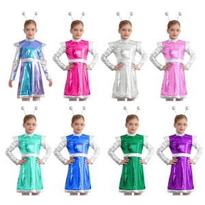 Kids Girls Halloween Robot Cosplay Outfits Shiny Metallic Leotard Alien Costume - Picture 1 of 296