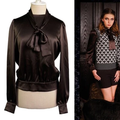 sz 42 NEW $1,980 PRADA Ebony Dk Brown 100% Silk Satin TIE NECK BLOUSE Shirt TOP - Image 1 of 4