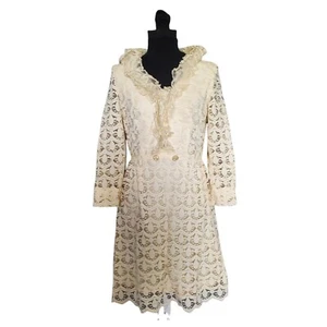 Vintage 60s Bridgerton Mod Ivory Tear Drop Lace Ruffle Collar Dress - Picture 1 of 10