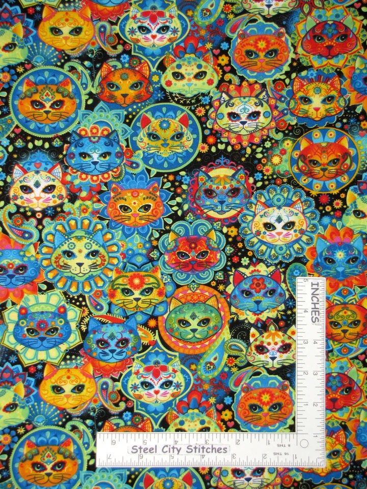 Calaveras de azúcar gato día de muertos tela de algodón tesoros atemporales C7817 por yarda Foto 1 de 1