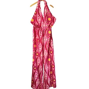 Smak Parlour Smiley Flower Power Jumpsuit Halter Pink Retro flower Belt L/10-12 - Picture 1 of 10