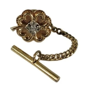 Cravatta spilla quadrifoglio vintage oro giallo massiccio 14 kt diamante originale 4 foglie 5,48 g 10 mm - Foto 1 di 13