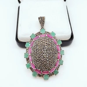 925 Sterling Silver Untreated Ruby & Emerald Studded Pendant For Girl's 19.40 GM - Picture 1 of 8