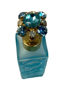 Perfume Bottle Vintage Aqua Blue Glass,￼ ￼ Jeweled   ￼Glass Top, West Germany - Picture 1 of 9