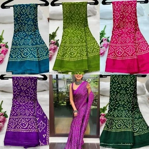 Mujer Poli Seda Bandhani Sari Con Blusa Sin Costuras Pieza - Imagen 1 de 7