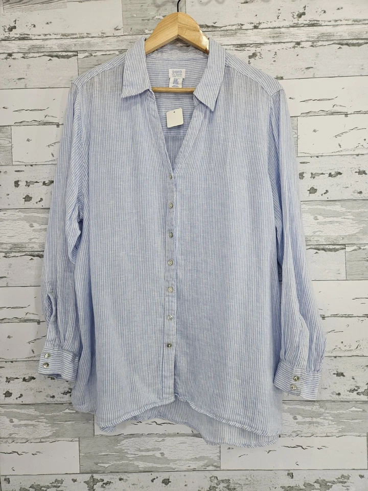 Camisa túnica manga larga Sigrid Olsen para mujer talla 2X 100 % lino a rayas cuello en V Foto 1 de 4