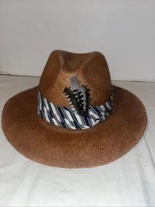Country Gentleman Mens Straw Hat XL Striped Band Feathered - Picture 1 of 10