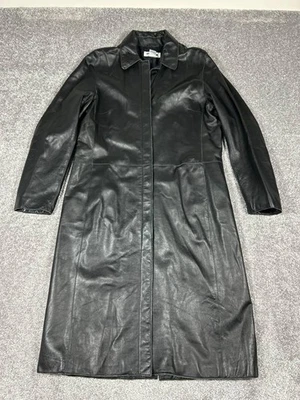 Vintage Y2k Brooks Brothers Leather Coat Womens Medium Black Long Trench Matrix - Image 1 of 4