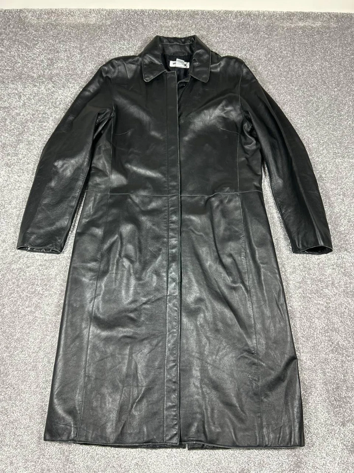 Vintage Y2k Brooks Brothers Leather Coat Womens Medium Black Long Trench Matrix - Image 1 of 4