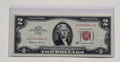 US Two Dollars, 1963, $2 Bill, Red Seal, Uncirculated, Obsolete  - Image 1 of 2